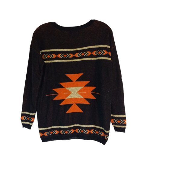 Aztec Sweater Women’s Size Small Black Orange Gold Glitter Warm Pullover - Picture 3 of 11